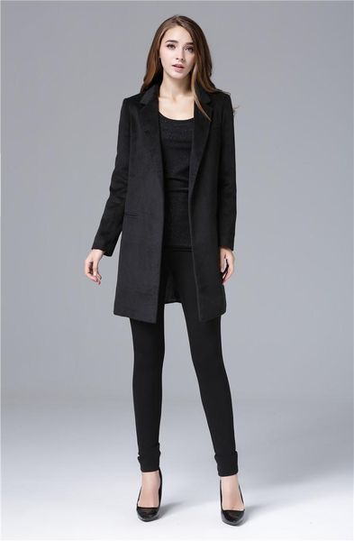 

women's wool & blends and chic celebrity all-match woolen medium long jacket, Black