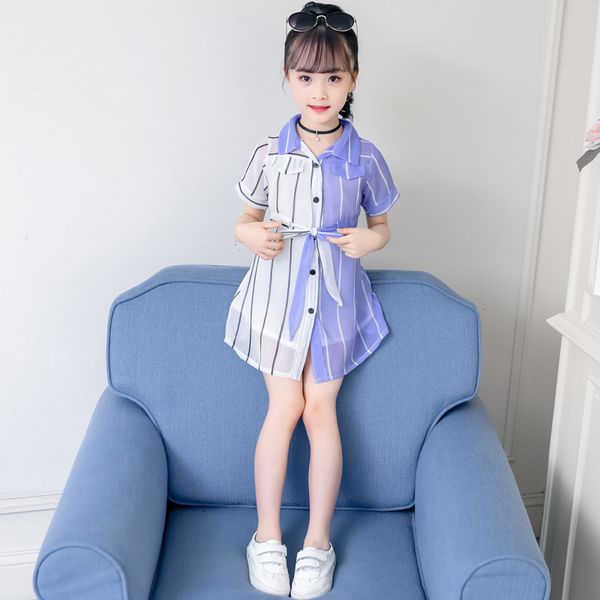 Полосатое блузка платье лето девушки лоскутное рубашка платье платье детские платья подростковый школьный костюм для детей 20220223 q2