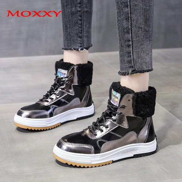 

moxxy 2020 женщины snow boots плюш теплых f ботильоны вскользь тапки женщина пинетки узелок платформы зима женская обувь, Black