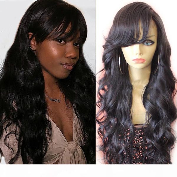 

8-26 inch human hair silk wigs with bangs body wave hair brazilian remy hair wig 5*5'' silk base lace front wig, Black;brown