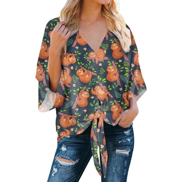 

women's blouses & shirts v neck wholesale custom cartoons print pattern deep v-neck flared sleeves fashion casual looses chiffon women, White