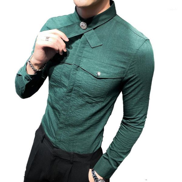 

2020 new men's boutique solid color long-sleeved shirt stand collar fashion street men dress shirts business formal shirts1, White;black