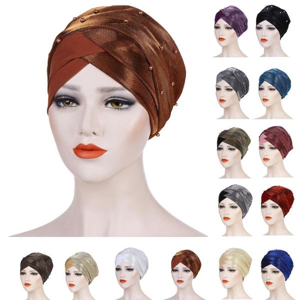 

ethnic clothing muslim women hijab elastic turban hat chemo beaded cap hair head scarf wrap cover headscarf islamic bandanas headwear, Red