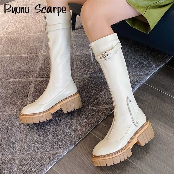 

boots thick sole platform women knee genuine leather motorcycle botas mujer belt buckles ladies zip brand shoes, Black