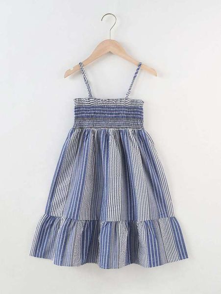 

girls block striped shirred ruffle hem cami dress she, Red;yellow