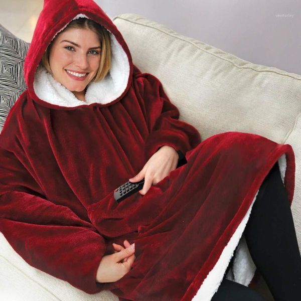 

blankets solid blue grey red fleece hooded blanket with sleeves sherpa plush winter outdoor hoodie robe soft warm wearable tv fur1