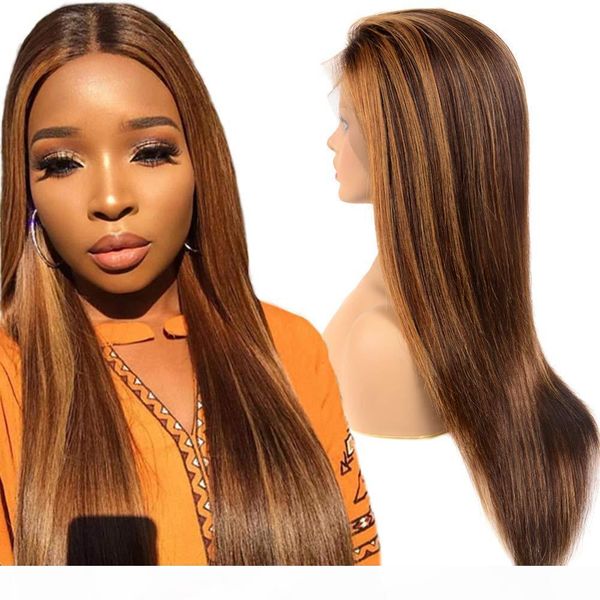 

150 density pre plucked long ombre brown peruvian straight body wave lace front wigs 13x4 remy human hair wigs color 4# 30# can be dyed, Black;brown