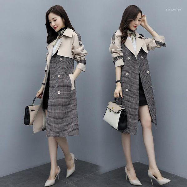 

women's trench coats grid coat whom long spring han edition cultivate morality fashion color matching1, Tan;black