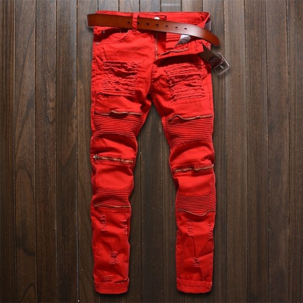 

new skinny design fashion biker runway hip hop slim knee zipper hole distressed men ripped jeans 201111, Blue