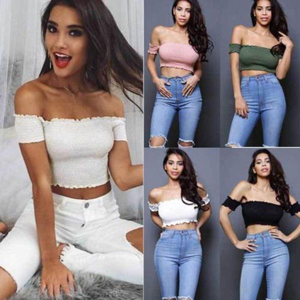 

new fashion women ladies frill bardot off shoulder vest ribbed short sleeve crop tube top, White