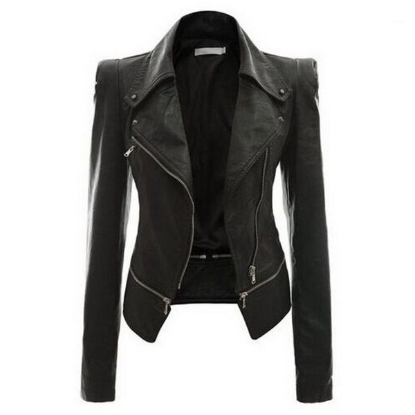 

women's pu leather jacket flight turn-down collar short coat zipper up biker casual outfit ladies motorcycle outerwear1, Black