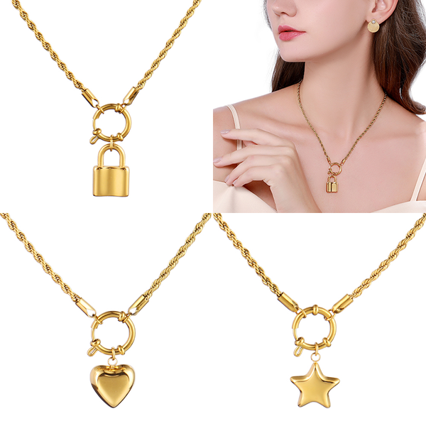 

stainless steel necklace long chain necklace for women twist chain geometry hollow lock charms pendant jewelry, Silver