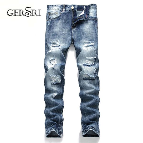 

men's jeans gersri fashion men straight dark blue color printed mens ripped cotton destroy knee hole male