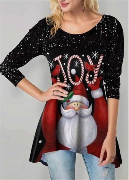 

santa claus printed desinger womens tshirts loose 3/4 sleeve crew nexk tiops autumn female clothing, White