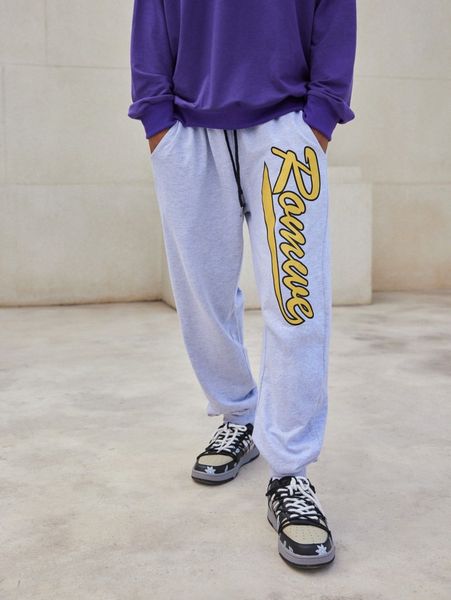 

romwe guys letter print drawstring sweatpants v7ze#, Black