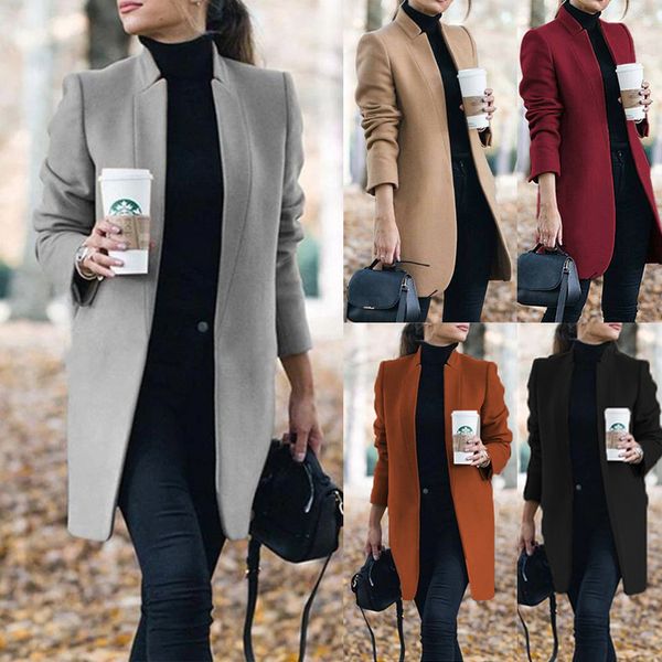 

2020 new fashion women wool solid color sleeve mandarin collar jacket causal autumn winter long coat big size 5xlx1020, Black