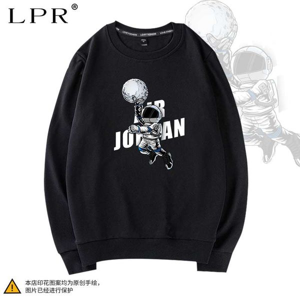 

astronaut sweater men's crew neck plush loose style versatile cotton coat head autumn winter ins long sleeve, Black