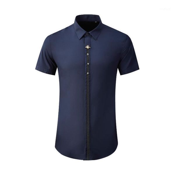 

new fashion summer short sleeve decoration ribbon pearl hand made men young casual shirts single breasted plsu size -2xl3xl4xl1, White;black