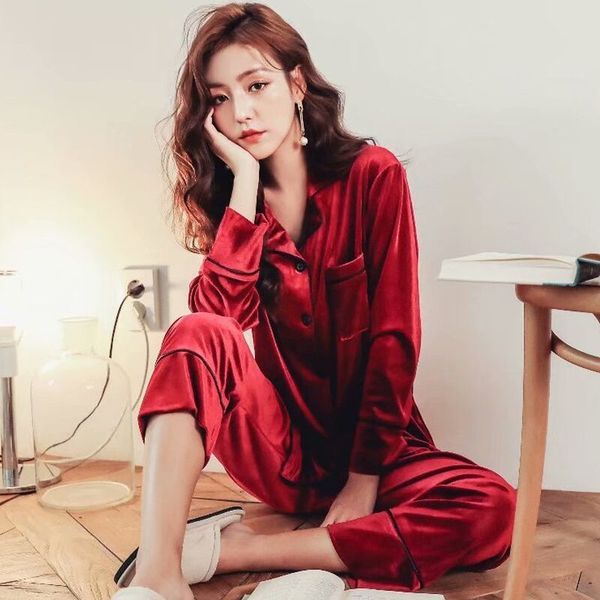 

velvet pajamas set women pyjama long sleeve shirt pants big size homewear pure color button sleepwear 2piece/set 201109, Black;red
