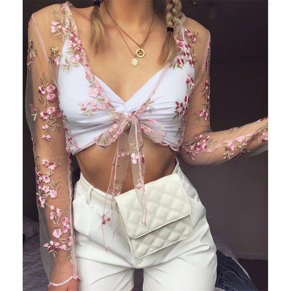 

women long sleeve shirts transparent see through sheer mesh fishnet crop embroidery flower blouse thin tees, White