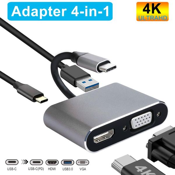 

4 in 1 usb c hdmi type c to hdmi 4k adapter vga usb3.0 audio video converter pd 87w fast charger for pro s9 s10