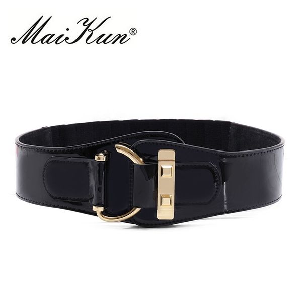 

cowskin elastic wide belts for women rocker fashion belt gold vintage style metal rivet belts for dress coat cummerbund y200501, Black;brown