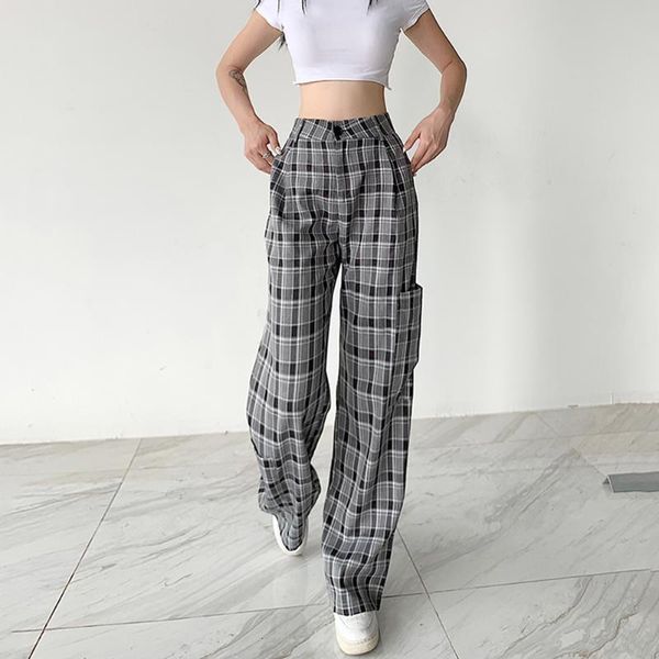 

women's pants & capris y2k harajuku plaid straight vintage elastic waist sweatpants women high casual female korean trousers e girl clo, Black;white