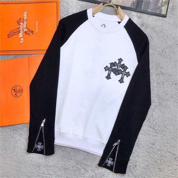 

new fashion crosin ch casual leather cross two cuff zipper men's round neck sweater, White