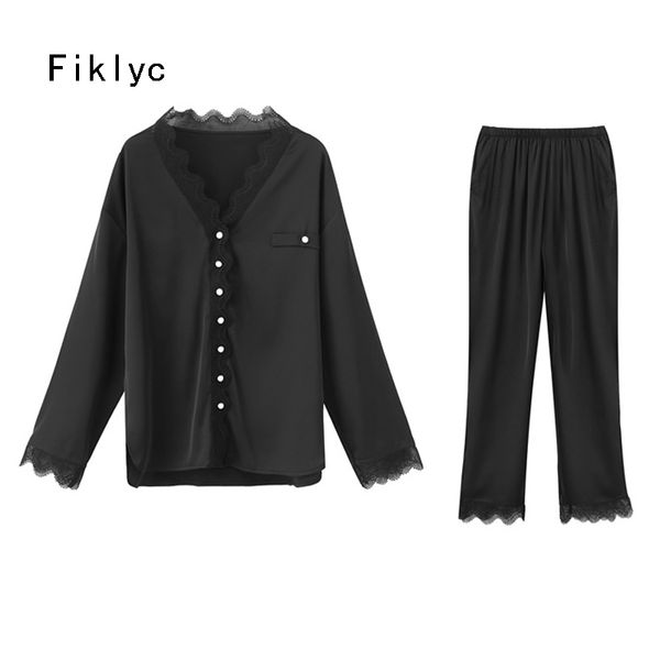 

fiklyc underwear thin design women's temptation two pieces long sleeve & pants pajamas sets satin home nightwear clothing suits 201027, Black;red