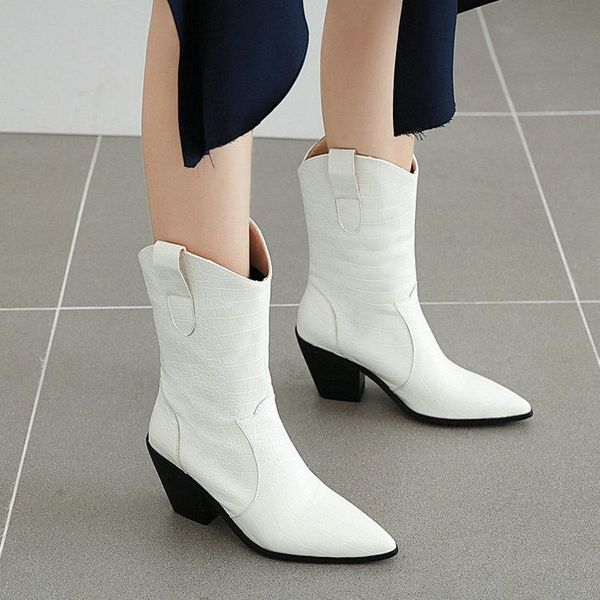

women pu leather wedges heel western boots fashion slip on ankle boots ladies pointed toe autumn winter shoes black white 34-45