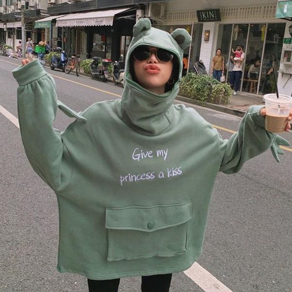 

frog hoodie women autumn thick loose sweatshirt harajuku embroidery letters frog hoodies thicken pullover female oversize hot, Black