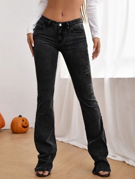 

solid ripped flare leg jeans n3pl#, Blue