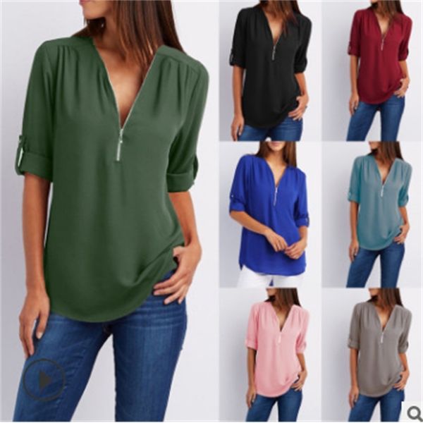 

new v-neck zipper sleeves loose chiffon long-sleeved shirt women's t-shirt, White