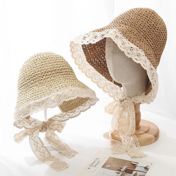 

internet celebrity french lace lace straw hat women's summer korean style all-matching strap sun hat travel sun-proof beach, Blue;gray