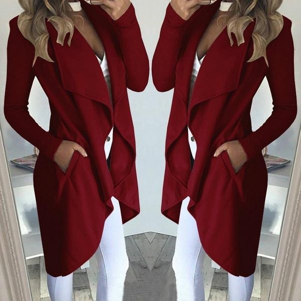 

new cardigan coat autumn cotton blends long pockets long sleeve lapel collar slim women casual overcoat outerwear jacket, Gray