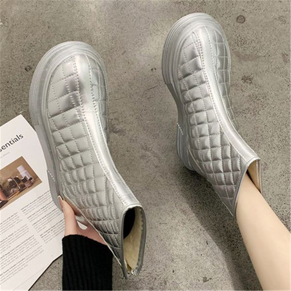 

new heavy 2021 soles snow boots female winter furry leather keep cotton shoes comfortable no slip black silver cd7w