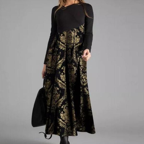 

fashion floral print patchwork dress plus size women casual long sleeve midi o neck ladies maxi elegant boho dresses, Black;gray