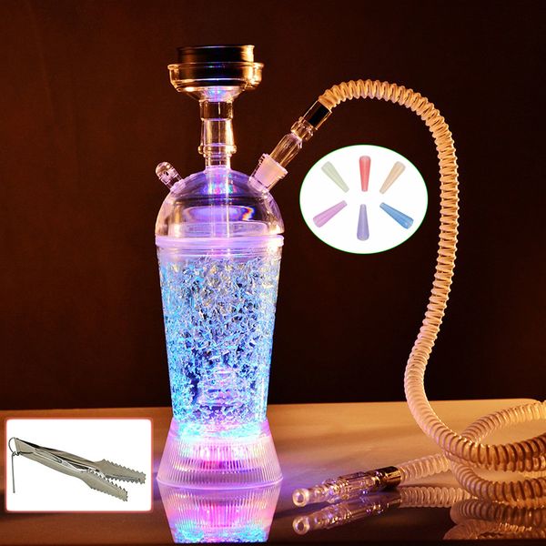

transparent acrylic hookah led light smoking bottle hookha metal sheesha bowl with lighter and tong disposable mouth tips