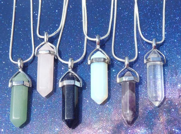 

natural stone chakra bullet point hexagon shape healing necklace vintage silver snake chain necklace pendants for women