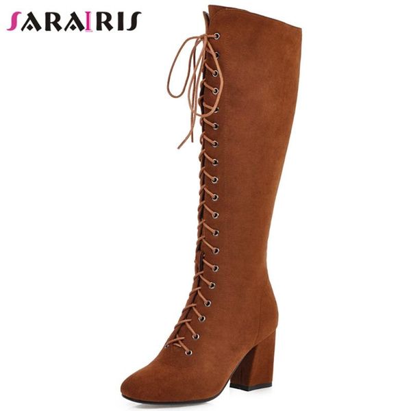 

sarairis female boots lace up solid boots women fashion causal mid calf warm plush winter shoes woman, Black
