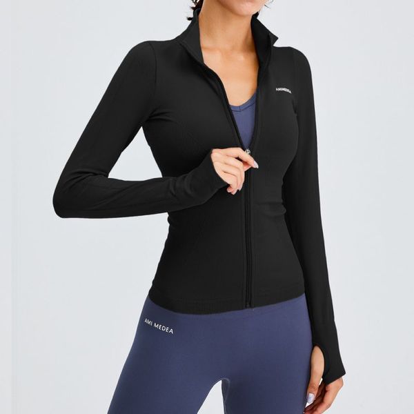 

winter sports jacket zip up slim fit workout jackets women long sleeve thumb hole high collar ladies yoga running shirt, White;red