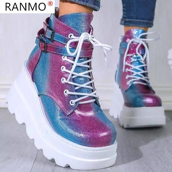 

2020 new winter women platform boots fashion thick bottom ankle boots wedges shoes woman lace up buckle ankle botas mujer, Black