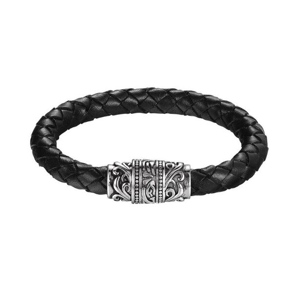 

new retro men's leather braided bracelet stainless steel men's leather magnetic buckle bracelet, Golden;silver