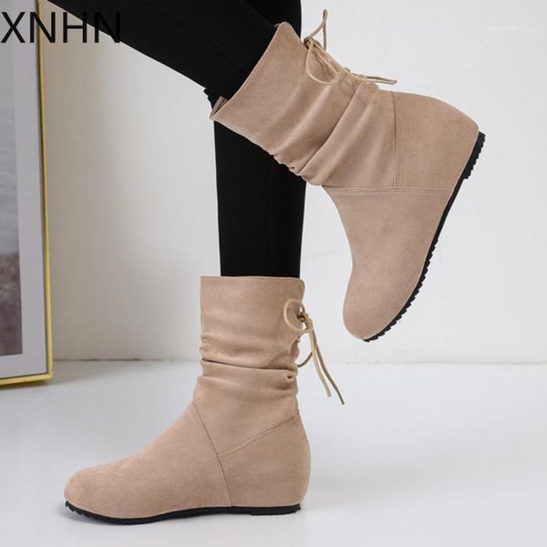 

boots wedge short booties fashion pure color round toe lace-up platform women vintage lace up flat shoes mujer plus size 35-431, Black