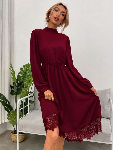 

mock neck contrast lace trim a-line dress c6jz#, Black;gray