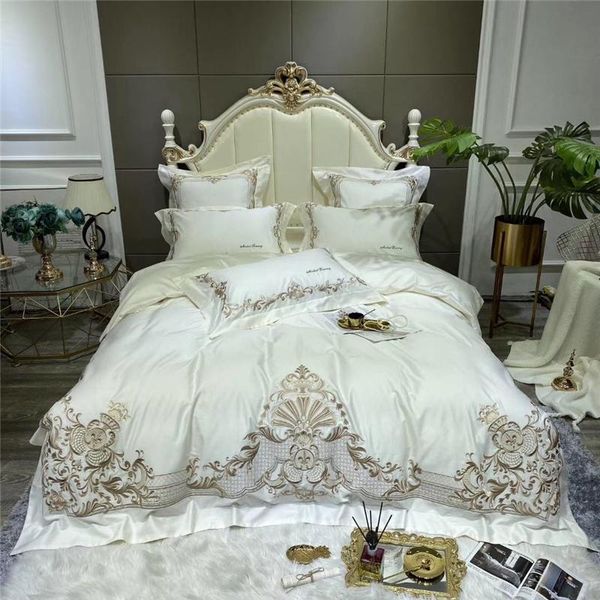

luxury white european bedding set 1000tc egyptian cotton gold embroidery duvet cover bed linen fitted sheet pillowcases