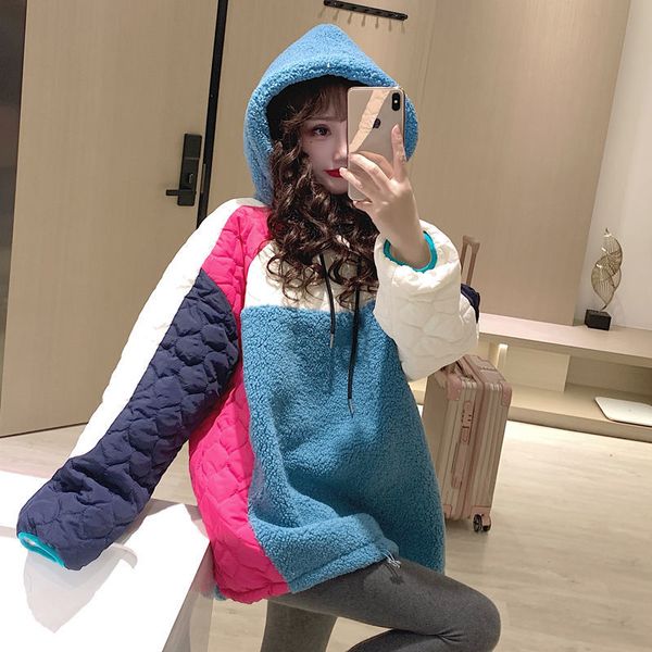 

2021 heavy stuffed warmth matching colour cotton quilted woman's winter shreds jacket sweater with hoodie ht7n, Black