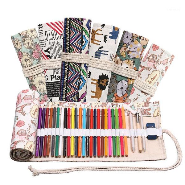 Astucci per matite 11 colori Kawaii Canvas School Case 36 fori Roll Art Marker Pen Bag per ragazze / ragazzi Make Up Pennello cosmetico Linerpen Gift1