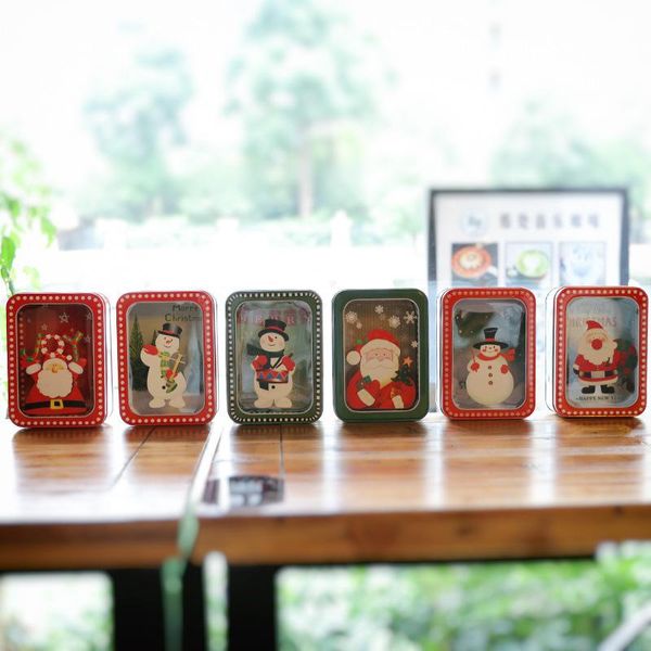 

cute rectangle christmas gift boxes candy tin box santa snowman packaging open window cookie packing case festival decorations