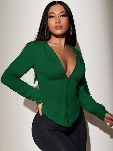 

sxy solid asymmetrical hem drawstring zip-up hoodie b4ig#, White;black